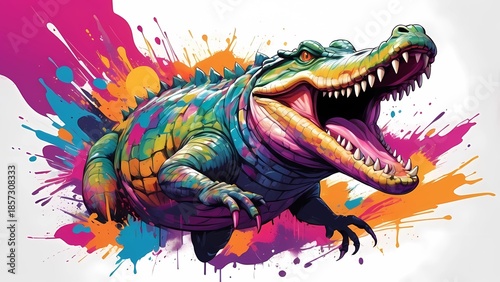 Vibrant cartoon crocodile with colorful paint splashes
