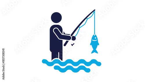 Fisherman standing in water catching a fish.