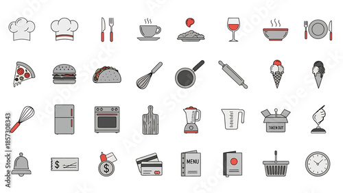 Collection of cooking and dining icons, including kitchenware, food, and restaurant items