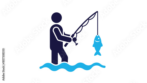 Fisherman standing in water catching a fish with a rod.