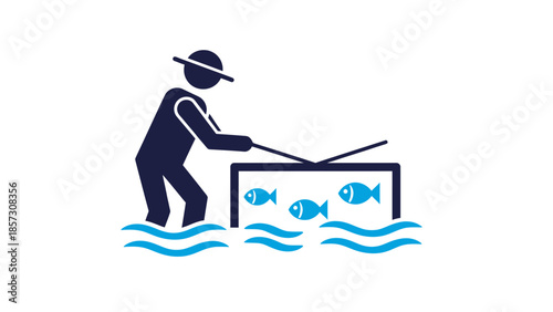 Fisherman Catching Fish in a Tank Icon.