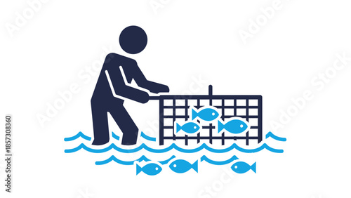 Fisherman catching fish in a net trap.