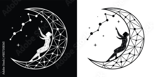 A stylized illustration of a girl reaching for a constellation from a crescent moon, creating a dreamy and celestial scene isolated on white background