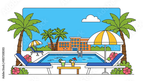 Tropical Resort Poolside with Palm Trees, Sun Loungers, and Drinks