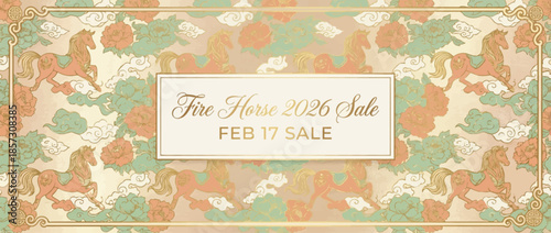 Vibrant Lunar New Year 2026 Sale Greeting Card Featuring Horses in Traditional Oriental Patterns