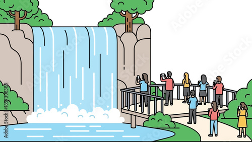 People photographing a scenic waterfall from a viewing platform, enjoying nature.