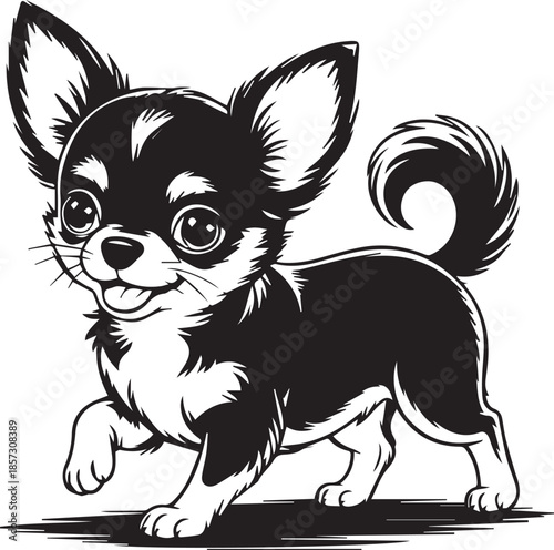 Cute Chihuahua Puppy Cartoon Vector Illustration in Black and White