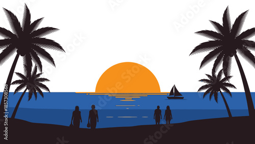 Tropical beach sunset silhouette, palm trees, sailboat, ocean waves, people on shore