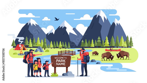 Family Hiking Adventure in Mountain National Park with Bison and Camping