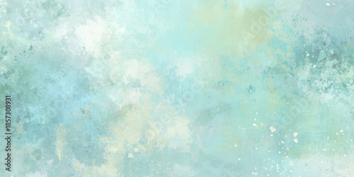 A soft abstract watercolor wash in shades of pale blue teal and cream creates a dreamy atmospheric background texture