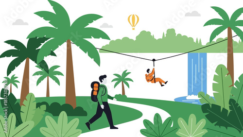 Adventure zipline in tropical jungle with waterfall and hiker