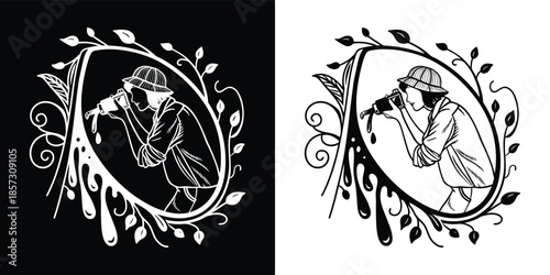 Vintage photographer in an oval frame with leaves, isolated on white background a classic design for photography enthusiasts and retro themes