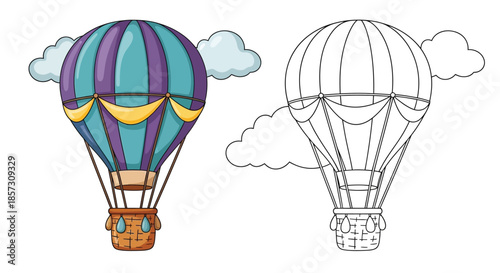 Colorful Hot Air Balloon: A vibrant illustration showcasing a colorful hot air balloon soaring amidst fluffy clouds, perfect for travel, adventure, and exploration concepts. 