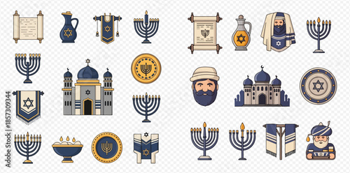 Jewish holiday symbols and religious objects vector illustration set, including menorah, synagogue, and Star of David.