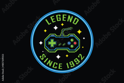 Retro gaming badge with controller and legend since 1992