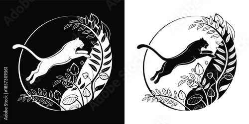 A leaping panther surrounded by foliage, presented in contrasting black and white versions, creating a yin and yang balance with natures elements