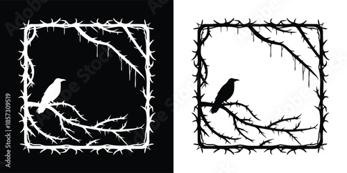 A raven perched on a branch is framed by a thorny square, creating a dark and gothic aesthetic isolated on white background