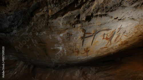 Ancient cave paintings depicting human and animal figures on a rock ceiling, showcasing prehistoric art and cultural heritage.
