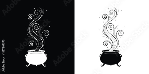 Monochrome illustration of a witchs cauldron with swirling smoke, creating a magical and mysterious atmosphere isolated on white background