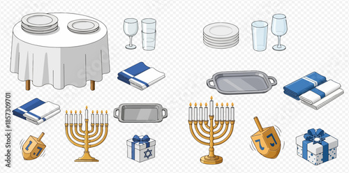 Hanukkah celebration set with menorah, dreidel, gift, table, plates, glasses, and towels for Jewish holiday.