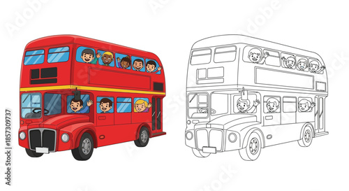 Red Double-Decker Bus and passengers: A vivid illustration of a classic red double-decker bus, filled with animated passengers, perfect for educational materials and children's content.