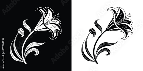 Monochrome illustration of a lily flower with leaves and stem, creating a delicate and elegant floral design isolated on white background