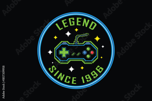 Retro gaming badge with controller and legend since 1996