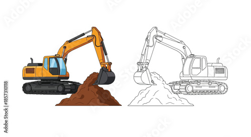 Heavy Machinery: Depicting a robust excavator in action, meticulously scooping and moving soil. This illustration presents the essence of construction and industrial operations.