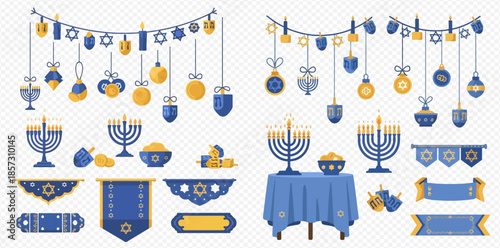 Collection of Hanukkah holiday decorations, including menorahs, dreidels, garlands, and banners in blue and gold colors.