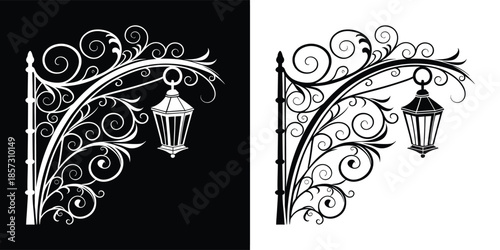 Vintage street lamp with ornate ironwork on black and white background, architectural detail, classic design, isolated on white background