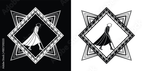 A fashion model in a geometric frame, presented in contrasting black and white versions, showcasing style and design in a modern composition