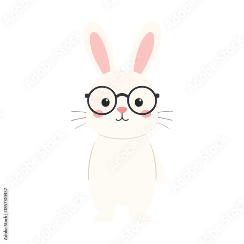 Cute white cartoon rabbit wearing round black glasses, standing and looking forward on a white background.