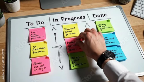 Kanban board with sticky notes showing project progress and workflow.
