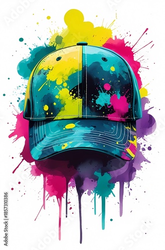Vibrant baseball cap with colorful paint splatters on white background