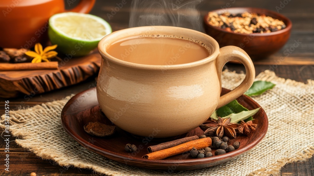 Fototapeta premium Warm Cup of Spiced Tea with Aromatic Herbs and Citrus Slice