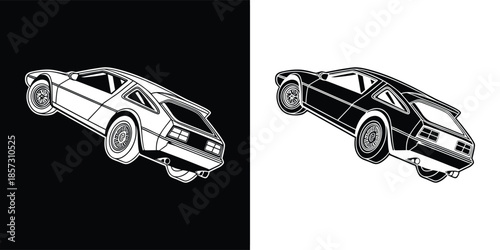 Sports car illustration in black and white, showcasing a sleek and powerful vehicle design with contrasting backgrounds, isolated on white background
