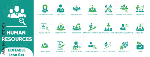 Human Resources Management Icon Set. Corporate Recruitment and Team Leadership Vector Symbols.