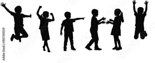 Silhouettes of children jumping and interacting, black figures, playful gestures, social engagement, white background, expressive childhood movement illustration