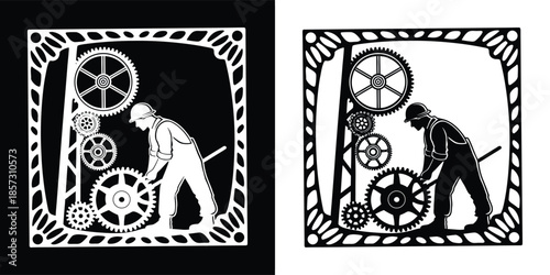 Steampunk worker silhouette in a frame, a vintageinspired design featuring a worker surrounded by gears, isolated on white background