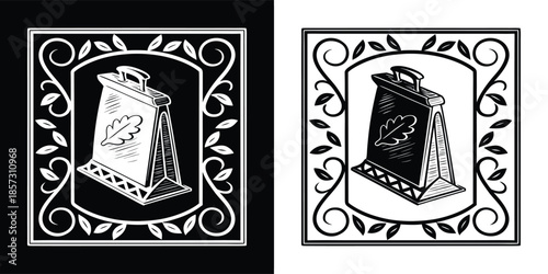 Charming vintage sack illustration with decorative frame, available in black and white, perfect for adding a touch of nostalgia to your designs