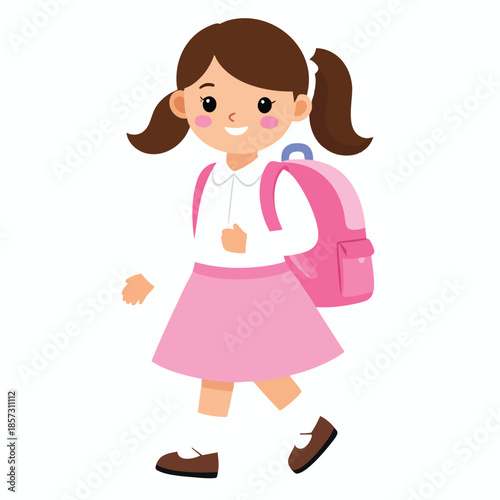 Cute cartoon illustration of a happy young schoolgirl with pigtails, wearing a pink skirt and carrying a pink backpack, walking to school.