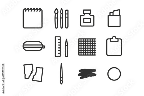 Art Supplies Icons. Art supplies and sketchbook flat lay. Line outline icon set of Art supplies and sketchbook