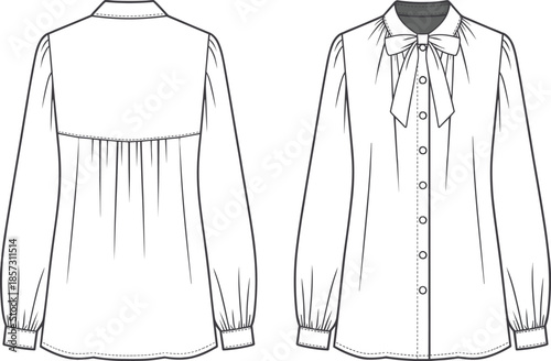 Women's blouse technical sketch, fashion flat drawing, garment construction vector, bow tie neckline, CAD apparel template, sleeve detail illustration