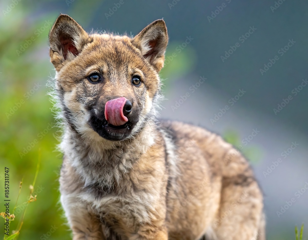 Fototapeta premium Close-up of a young canine licking its pink tongue