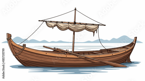 An old wooden fishing longtail boat rests on the tropical sand of a sun-drenched Thailand beach against a landscape of blue sea and summer sky