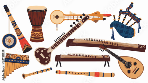 Hand drawn vintage sketch collection of musical instruments including guitar and trumpet vector illustration icons isolated on white background