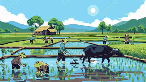 A serene summer landscape features cows and horses grazing in a lush green meadow near a calm blue river under a bright sun and cloudy sky