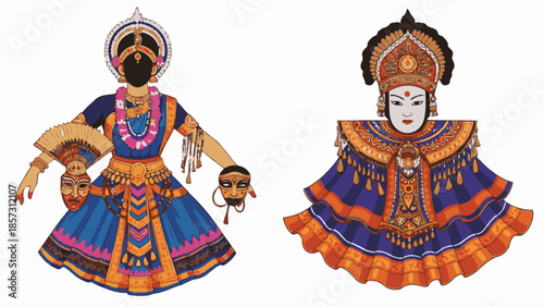 Traditional Russian dolls and a woman in traditional Indian costume represent ancient Asian culture and religious art within a gold Thai temple architecture in Bangkok