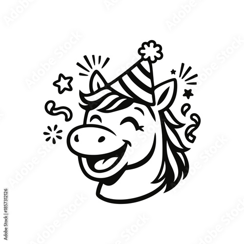 Adorable black and white line art illustration of a smiling unicorn wearing a festive party hat with confetti and stars around. Minimal outline cartoon style with clean contours and playful expression