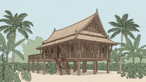 Explore the ancient architecture and traditional culture of an oriental temple in Asia, a historic landmark pavilion situated within a tropical resort garden under a clear sky